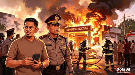 Ilustrasi suasana kebakaran Kantor DPMPTSP Boltara yang disertai momen dugaan intimidasi terhadap wartawan Binadow.com saat sedang mendokumentasikan peristiwa tersebut.